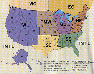 This log home market area map appeared in Log Home Living 2007 Annual Buyer's Guide. I used it as a guide when identifying the market regions for each of the log home builders above.