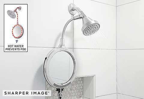 heated-fog-free-mirro This mirror from Sharper Image gets "warmed" from a trickle of shower water that is diverted from the main shower stream -- so that it's sprayed onto the mirror and then exits the mirror bottom directly to the shower floor.