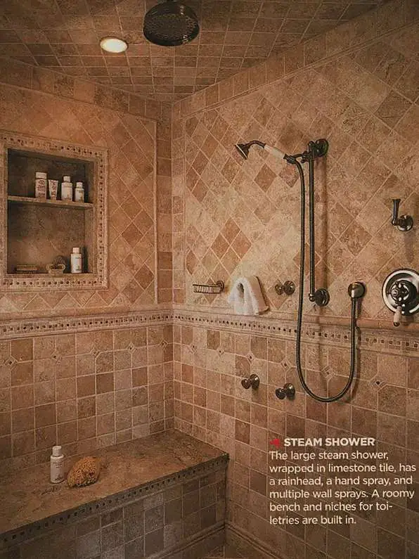 A large, classy looking walk-in shower inside of a master bathroom -- as seen in This Old House magazine, November 2004.